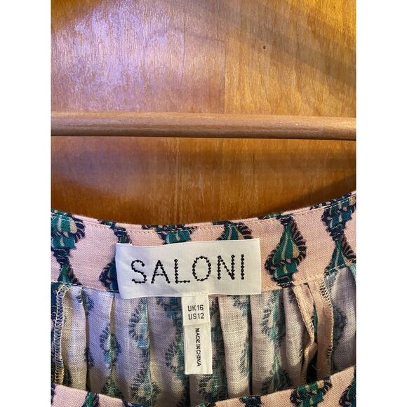 Saloni Yashi Pleated Linen Midi Maxi Dress Ocean Stripe Tiered Puff sleeve Sz 12 - Picture 5 of 8